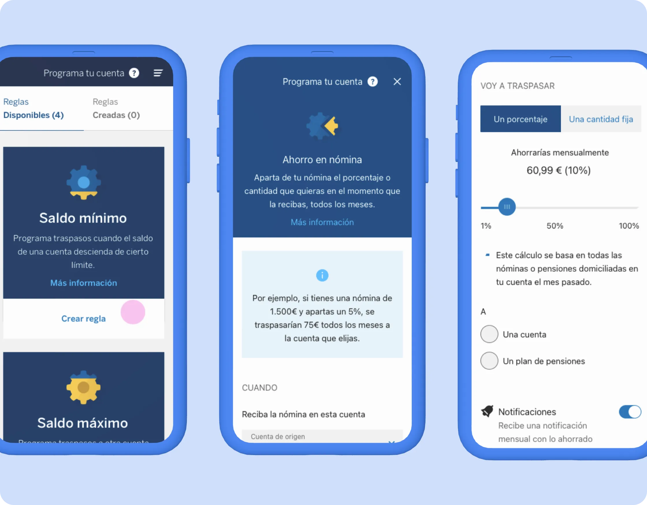 Diferentes pantallas de Programa tu cuenta